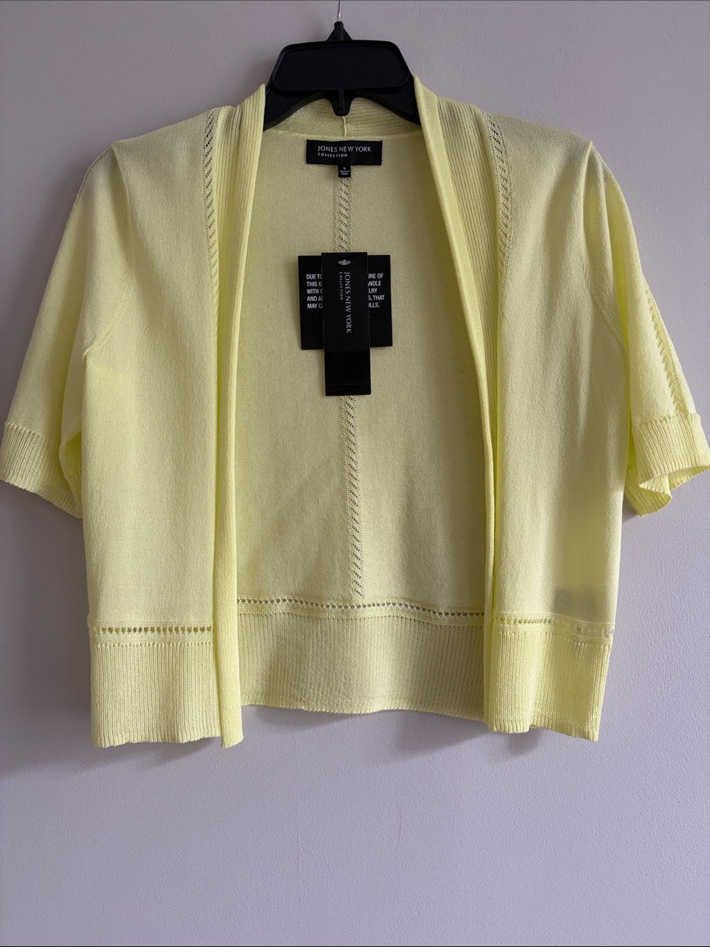 Jones New York Pale Yellow Open-Front Short Sleeve Cardigan